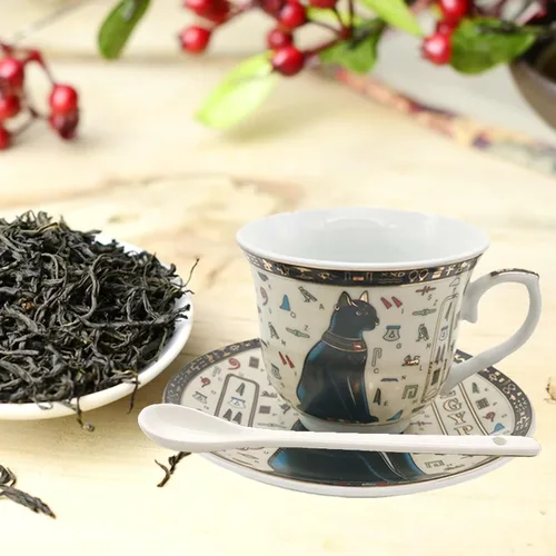 Vista 5 de Juego de tazas y platillos de café expreso de cerámica dorada egipcia, taza Demitasse de 3.4 oz/3.4 fl oz, regalo de porcelana para cumpleaños