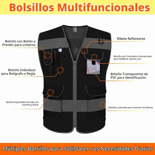 Vista 3 de TCCFCCT Chaleco de seguridad de malla para hombres y mujeres, chaleco de seguridad reflectante de alta visibilidad con 9 bolsillos, chaleco