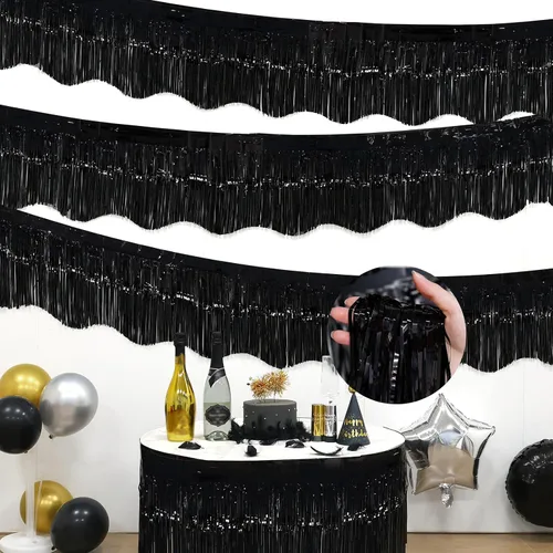 Vista 4 de LOLStar Paquete de 6 guirnaldas de flecos de papel de aluminio de oropel negro, decoraciones de fiesta de cumpleaños, pancarta de serpentinas