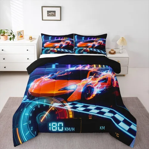 Vista 46 de Feelyou Juego de edredón de coche de carreras, tamaño individual, juego de ropa de cama de coche deportivo de velocidad para niños y niñas, edredón