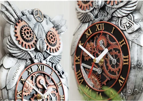 Vista 4 de Reloj de pared con péndulo, reloj de péndulo de búho steampunk de imitación de metal de imitación de reloj de pared de resina pintada a mano