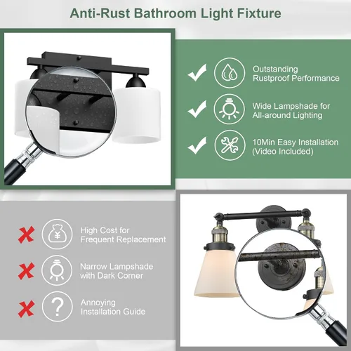 Vista 6 de Luces de baño negras sobre espejo, lámpara de tocador anti-óxido para baño, moderna lámpara de pared de 2 luces para sala de estar, base estándar