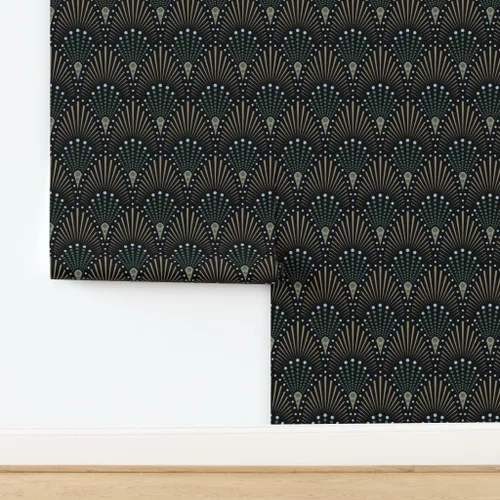 Vista 4 de Muestras de papel tapiz para despegar y pegar, ventilador Art Deco negro, verde, marrón, dorado, geométrico, puntos geométricos, papel tapiz