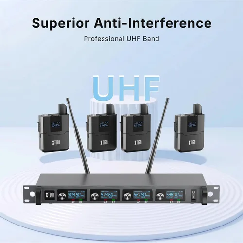 Vista 2 de XTUGA Sistema de micrófono inalámbrico A140, juego de micrófono inalámbrico UHF de 4 canales con cuatro micrófonos BodyPack, construcción totalmente