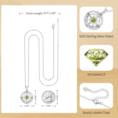 Vista 10 de Peeshow Collar para mujer, brújula, piedra natal, joyería de cumpleaños, aniversario, ideas para su novia, regalo romántico de amor en Navidad, día
