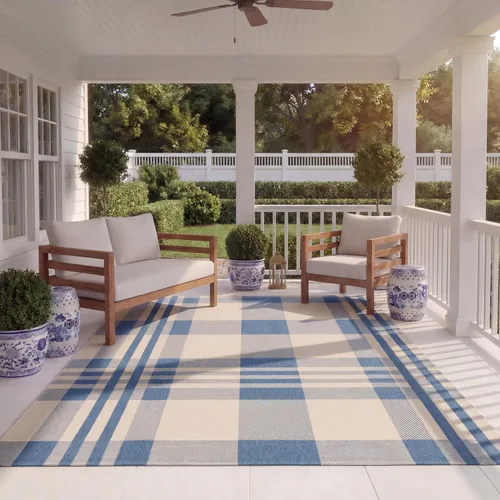 Vista 22 de SAFAVIEH Alfombra Lavable para Exteriores Colección Courtyard - 2'3" x 4', Beige y Azul, Patrón a Cuadros, No Desprende Pelusa y Fácil Limpieza