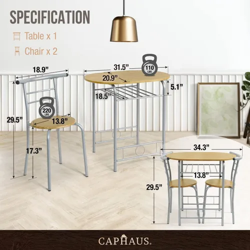 Vista 3 de CAPHAUS Juego de comedor de 3 piezas para 2, cocina pequeña, juego de mesa de comedor con marco de acero, juego de patio de 3 piezas con estante