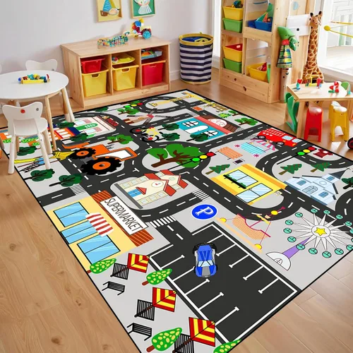Vista 11 de Alfombra de juego para niños, alfombra de coche para niños, tapete de automóvil con mapa de vida de la ciudad para niños, juguete educativo