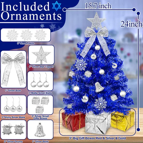Vista 4 de Timer - 24 Inch/2 FT Blue Tabletop Christmas Tree with Lights 8 Modes Mini árbol de Navidad pequeño, 20 luces blancas cálidas, 20 cajas de Azul