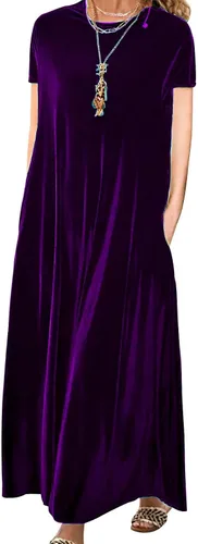 Vista 5 de Vestido de terciopelo para mujer, formal, casual, linda, cuello redondo, elegante, de manga corta, con bolsillo
