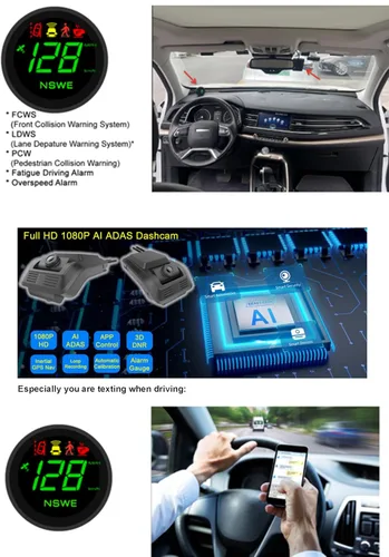 Vista 4 de ELING Velocímetro HUD de 2.75 pulgadas, módulo GPS integrado, dispositivo de prevención de colisiones AI, cámara inteligente para tablero con ADAS