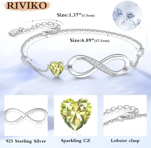 Vista 5 de RIVIKO Pulsera con dije de símbolo de corazón de amor infinito para mujer, plata de ley 925, ajustable, cumpleaños, día de San Valentín, Navidad