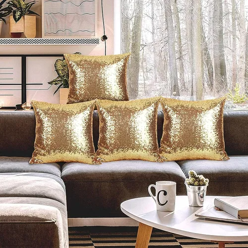 Vista 3 de 2 almohadas decorativas de lentejuelas doradas, 18 x 18 pulgadas, fundas de cojín cuadradas con lentejuelas con purpurina de tela sólida, diseño