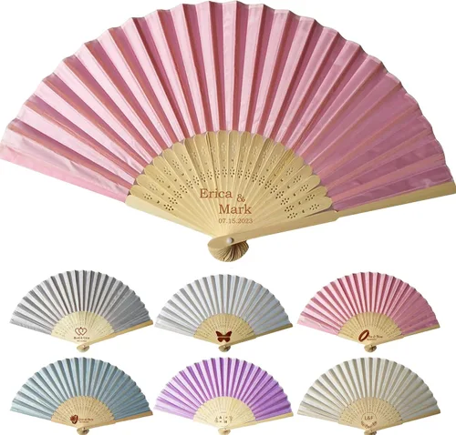 Vista 12 de Abanicos de mano personalizados a granel ventiladores de seda personalizados con grabado en el mango, regalos de fiesta, abanicos plegables vienen