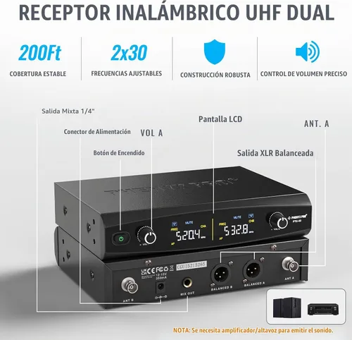 Vista 2 de Phenyx Pro UHF - Sistema de micrófono inalámbrico con frecuencias sintonizables de 2 x 30, juego de micrófono inalámbrico de metal, rango de 200