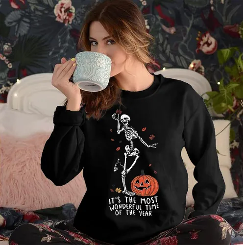 Vista 4 de YI XIANG RAN Sudadera de Halloween para mujer, diseño de esqueletos, estilo vintage, informal, holgada, cuello redondo, sin botones