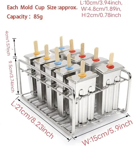Vista 3 de Molde para hacer helados de acero inoxidable, moldes para paletas de hielo con 10 tazas de molde y estante, herramienta para hacer moldes de paletas
