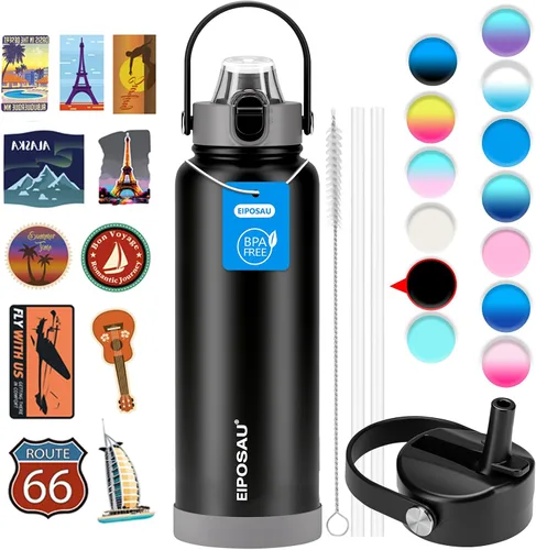 Vista 13 de Botella de agua aislada con tapa, bota y calcomanías, botella de acero inoxidable de 24 onzas, sin sudor, mantiene el frío las 24 horas, botella