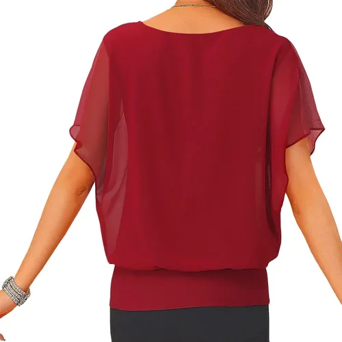 Vista 2 de Neineiwu Blusa de gasa de manga corta para mujer, holgada, informal, para verano
