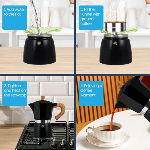 Vista 5 de Moka Pot - Cafetera italiana de aluminio de 15.2 fl oz, cafetera para estufa, cafetera espresso Mocha Pot (negro, 3 tazas)