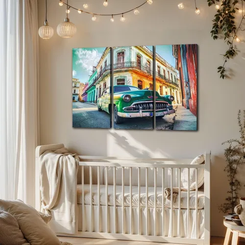 Vista 4 de 3 paneles de lienzo para pared, póster vintage con temporizador antiguo, conducción de coches, La Habana Vieja Cuba, impresión en lienzo, obras