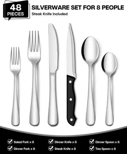 Vista 2 de EUIRIO Juego de cubiertos de 48 piezas con cuchillos para carne, cubiertos de acero inoxidable resistente para 8, cubiertos de grado alimenticio