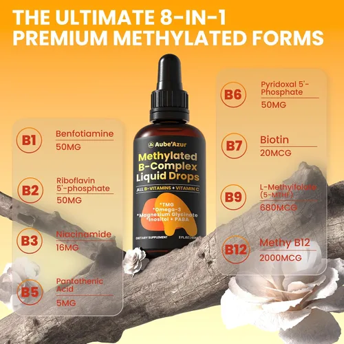 Vista 4 de Methylated B Complex Liquid Drop, vitaminas del complejo B líquido para mujeres, con metil B12, metilfolato, B1, B3, B5, B6, B7, C, Omega-3