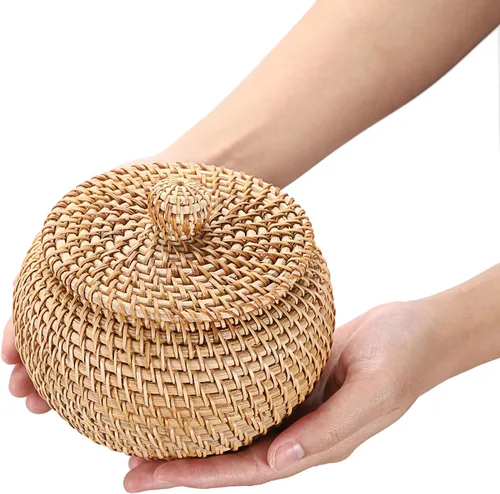 Vista 3 de Hipiwe Cajas de Cestas Redondas de Ratán con Tapa Tejidas a Mano, Cestas de Almacenamiento de Mimbre, Contenedor, Cesta Decorativa Multiusos