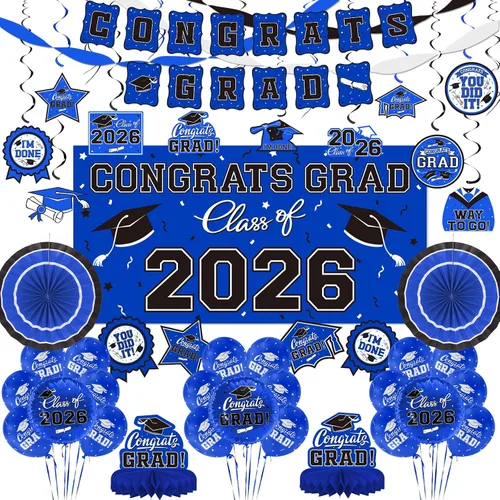 Vista 13 de Juego de decoraciones de graduación 2026 con temática negra y dorada, pancarta de felicitaciones, telón de fondo, globos y serpentinas, suministros