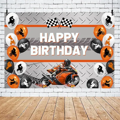 Vista 5 de MEHOFOND Telón de fondo naranja de 7 x 5 pies para motocicleta, globo de carreras de motocross, decoración de fiesta de cumpleaños, deportes