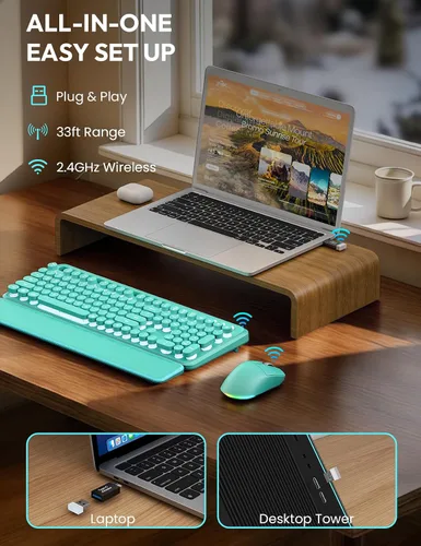 Vista 5 de Combo de teclado y mouse inalámbricos: teclado retroiluminado con reposamuñecas magnético y soporte para teléfono, teclas redondas iluminadas, juego