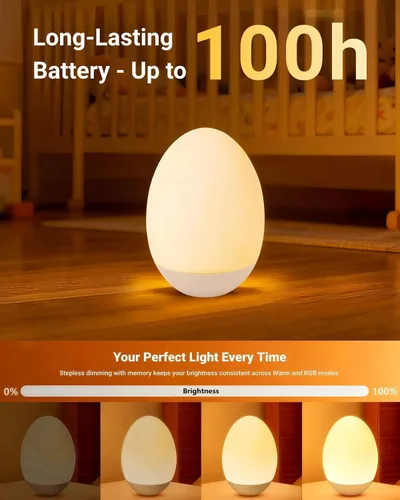 Vista 5 de Luz nocturna de huevo para bebé para guardería y lactancia – Luz táctil portátil con 7 colores RGB, atenuación continua, recargable, silicona suave