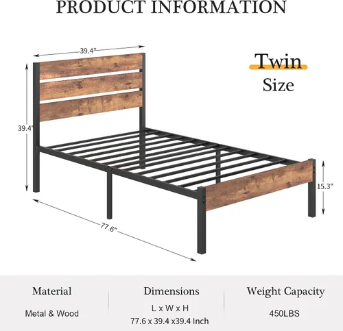 Vista 2 de VECELO Base de cama tamaño individual, plataforma de metal resistente con cabecera de madera, no necesita somier, color marrón antiguo