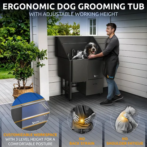 Vista 5 de KANIS Estación profesional de lavado de perros – Fregadero de lavado de mascotas de acero inoxidable 304 y bañera de aseo con ducha, rejillas
