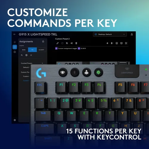 Vista 4 de Logitech G 915 X Lightspeed TKL Teclado mecánico inalámbrico para juegos, teclas PBT de doble disparo, teclas totalmente programables, teclados RGB