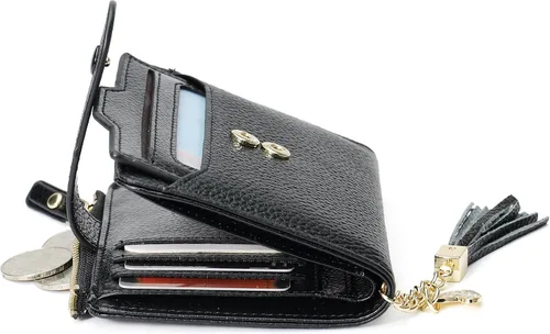 Vista 5 de Mini cartera plegable de cuero suave con protección RFID, para mujer, con funda para tarjeta, con ventana de identificación, monedero