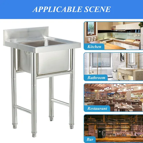 Vista 6 de Fregadero de cocina comercial de acero inoxidable con 1 compartimento con grifo y salpicaduras traseras, fregadero de un solo tazón