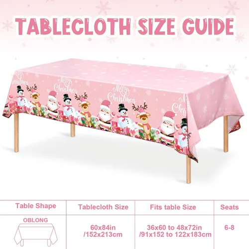 Vista 2 de Tiamon Mantel de Navidad rosa de 60 x 84 pulgadas para mesa rectangular, tela lavable a prueba de agua, cubierta de muñeco de nieve y Papá Noel