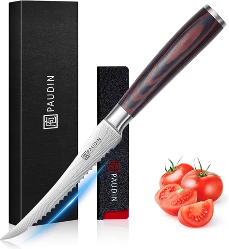Vista 8 de PAUDIN - Cuchillo Santoku, cuchillo de chef de 5 pulgadas, cuchillo de cocina ultra afilado, cuchillo de chef japonés con funda, acero inoxidable