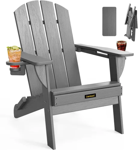 Vista 19 de Silla Adirondack Plegable, Sillas Adirondack de Plástico con Textura de Madera con 2 Portavasos, Silla para Hoguera de HDPE Resistente a