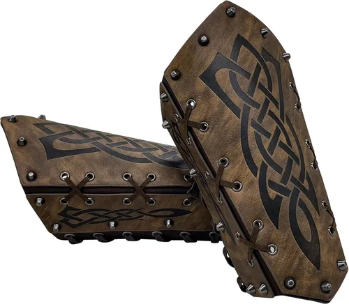 Vista 4 de Brazaletes vikingos de cuero sintético, muñequera de guantelete de cuero, brazaletes medievales, armadura de brazo, caballero LARP, 2 piezas
