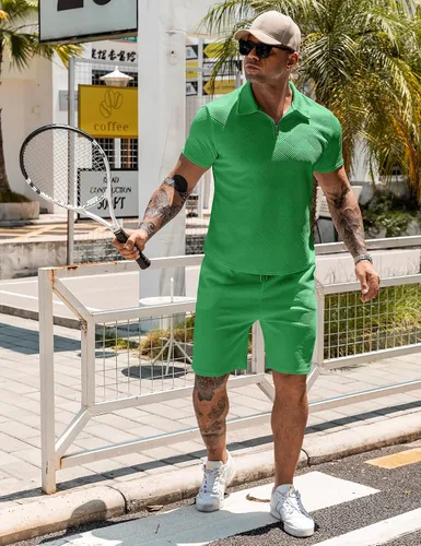 Vista 2 de URRU Conjunto de camisa polo y pantalones cortos para hombre trajes de verano a la moda casual manga corta traje polo para hombre 2 piezas