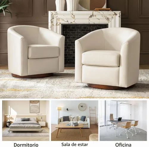 Vista 7 de HULALA HOME Silla giratoria de cuero genuino con base de madera maciza Beige