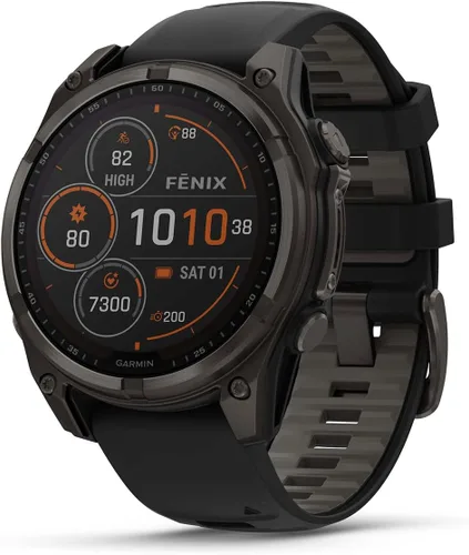 Vista 2 de Garmin Fenix 8 (gris carbón, 1.850 in) paquete de auriculares GPS con Zafiro solar (gris carbón DLC Titanio)