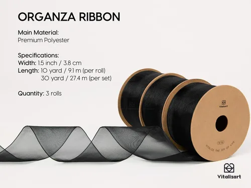 Vista 2 de Vitalizart Cinta de organza de 1.5 pulgadas x 30 yardas, cintas transparentes negras para envolver regalos, manualidades, decoración de fiestas