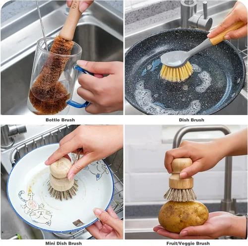 Vista 4 de Juego de 4 cepillos de bambú natural para limpiar botellas, con dispensador de jabón de cerámica, cepillos de madera con asas resistentes