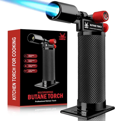 Vista 14 de RAVS Encendedor de butano, soplete de cocina recargable con llama ajustable y hebilla de seguridad, mini linterna de metal premium para hornear