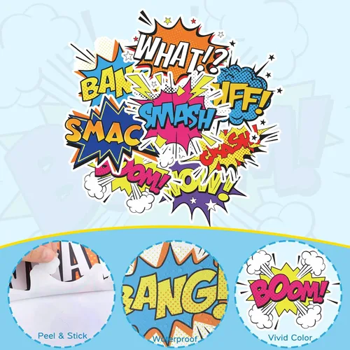 Vista 5 de Calcomanías de pared de superhéroes, decoración de pared para habitación de niños, efectos de sonido de cómic Boom Bang, calcomanías de pared