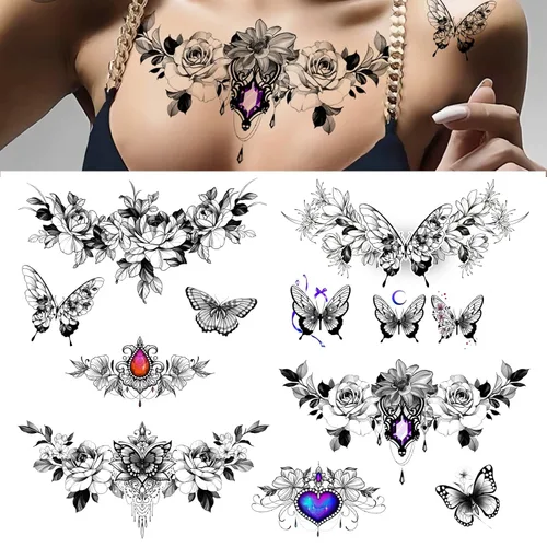 Vista 2 de ROARHOWL Tatuaje temporal sexy para mujer, hermoso y exquisito juego de tatuajes realistas en 3D, mariposa, abdomen, pecho, cintura y espalda