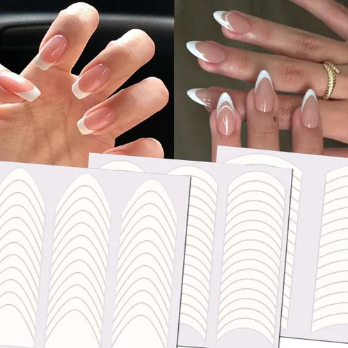 Vista 3 de Calcomanías de uñas con punta francesa para arte de uñas, tira de manicura francesa, 24 hojas 24 hojas de punta francesa